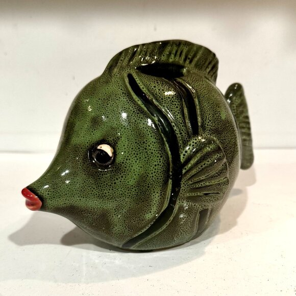 Finnish Ceramic Green Black Stripes Puffer Fish Sculpture By Marja Myllymaki - Picture 1 of 12